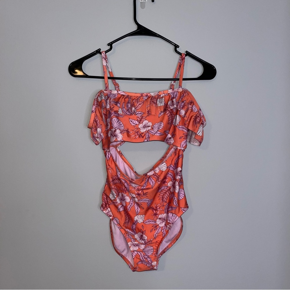 Art Class Kids Swim One Piece - Orange and Pink Floral Large 10/12